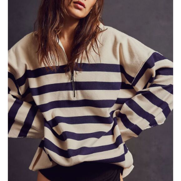Free People Costal Stripe Pullover Champagne Navy Combo Large - Picture 7 of 9